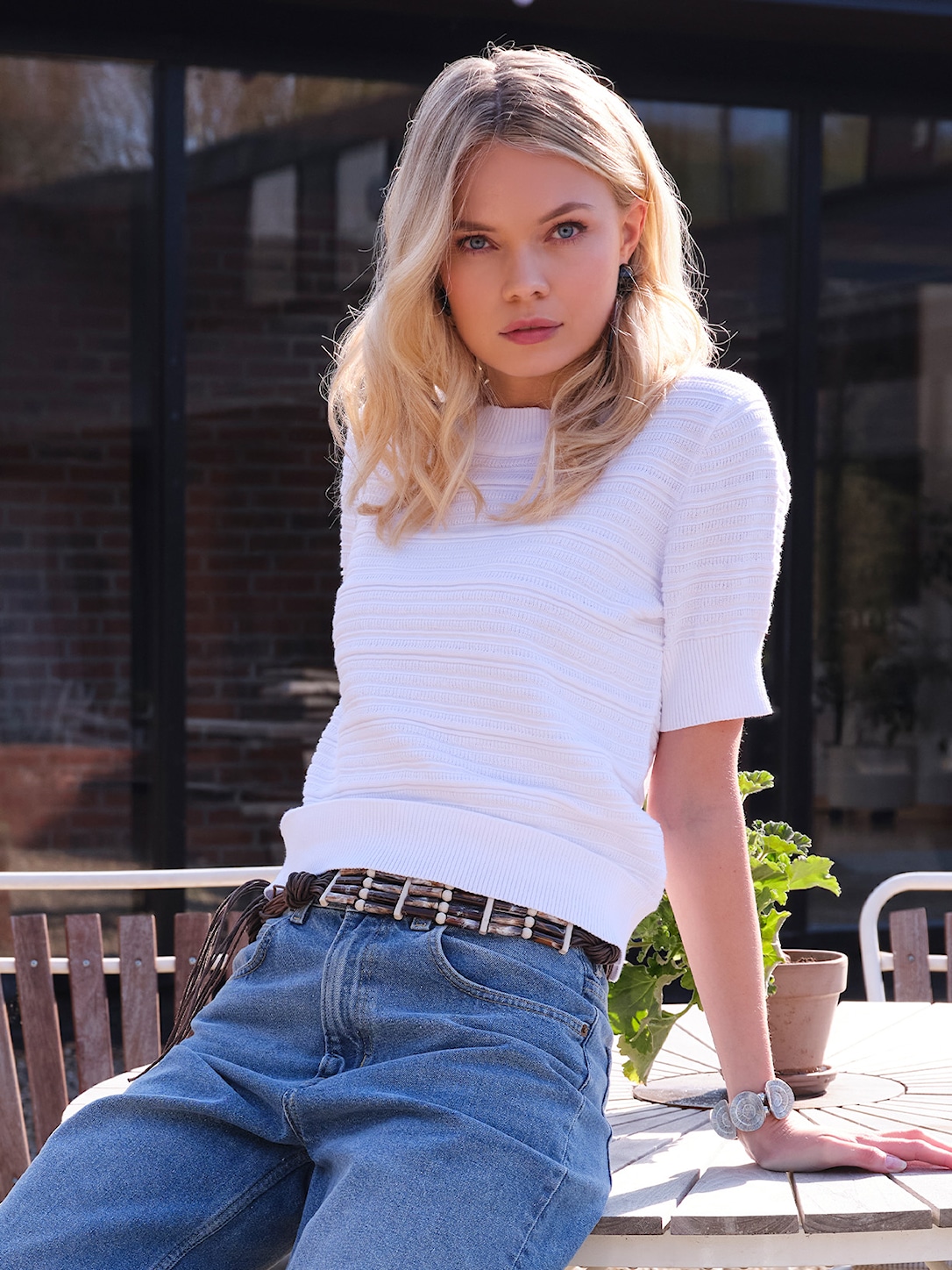 Skovhuus Kvinne Strikket T-shirt White XL